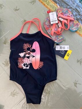 Disney Baby Gap Minnie Mouse Swimsuit NWT Size 4 + Carter’s Flip Flops Size 7-8